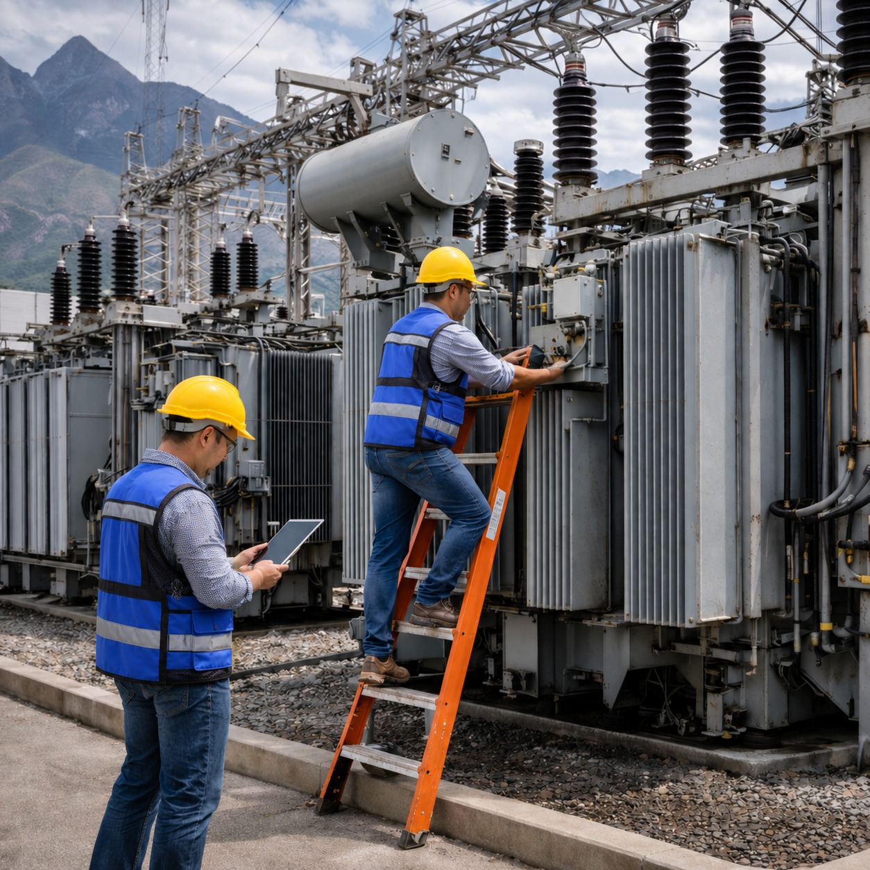 Ingenieros AZVIR Ingeniería realizando mantenimiento a transformador de potencia de alta tensión MVA en subestación eléctrica